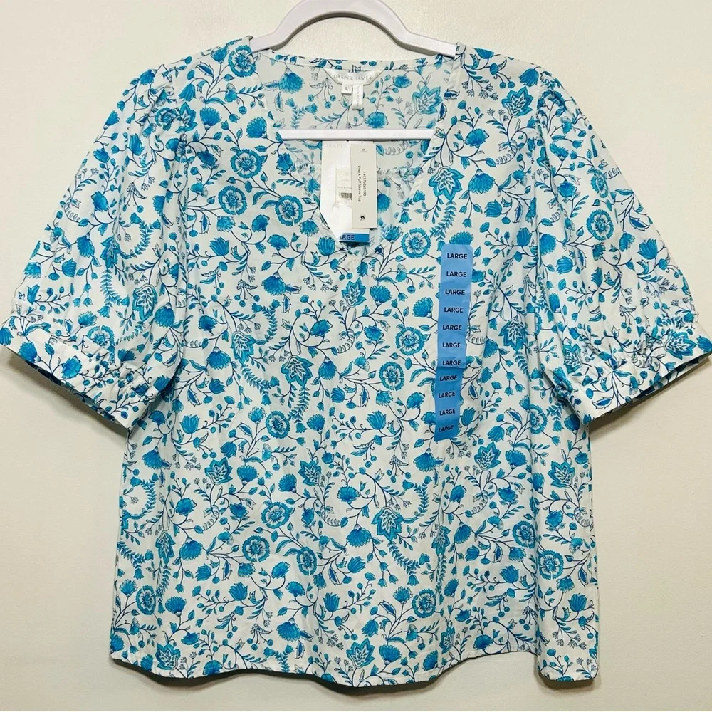 New! Draper James Paisley Floral Puff Sleeve Pullover Blouse Womens Size Large